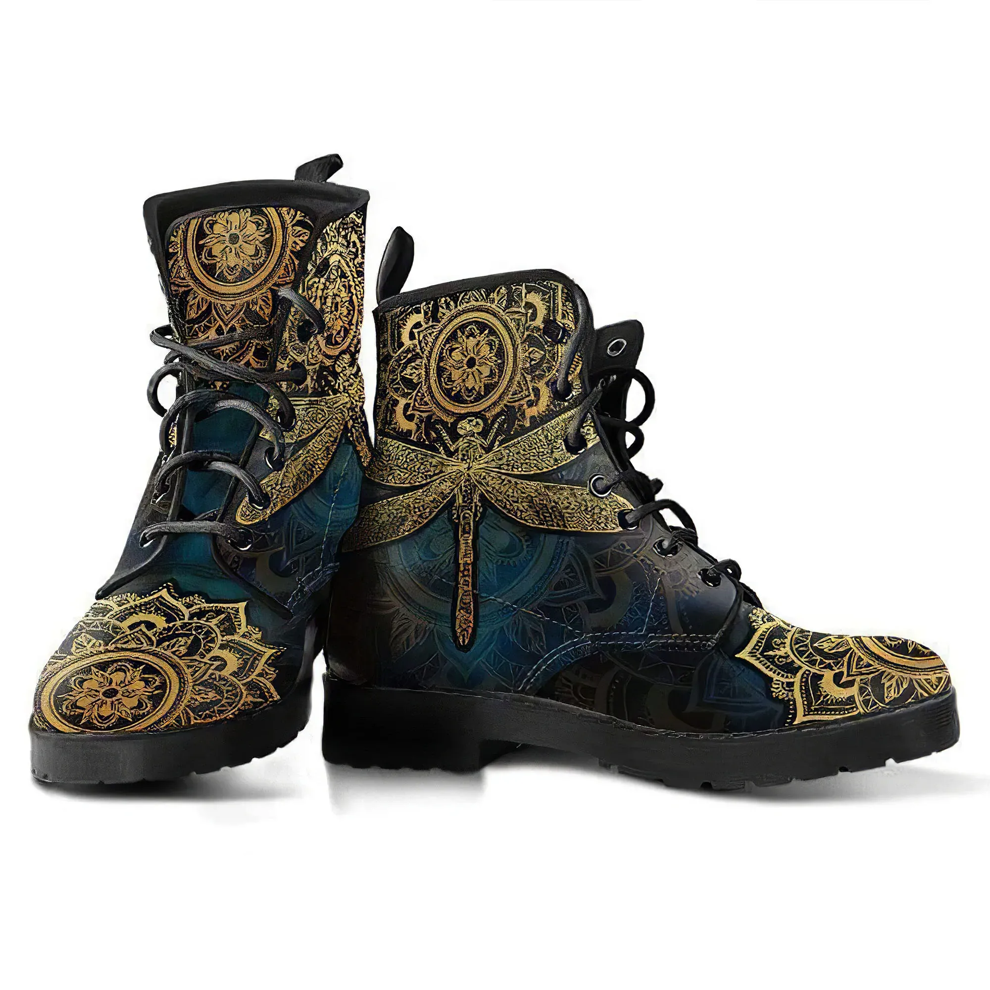 Combat Boots for Women - Mandala Dragonfly Gold Handcrafted Boots | Unique Custom Faux Leather Shoes, Cruelty-free Vegan Handmade Lace Up