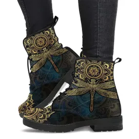 Combat Boots for Women - Mandala Dragonfly Gold Handcrafted Boots | Unique Custom Faux Leather Shoes, Cruelty-free Vegan Handmade Lace Up