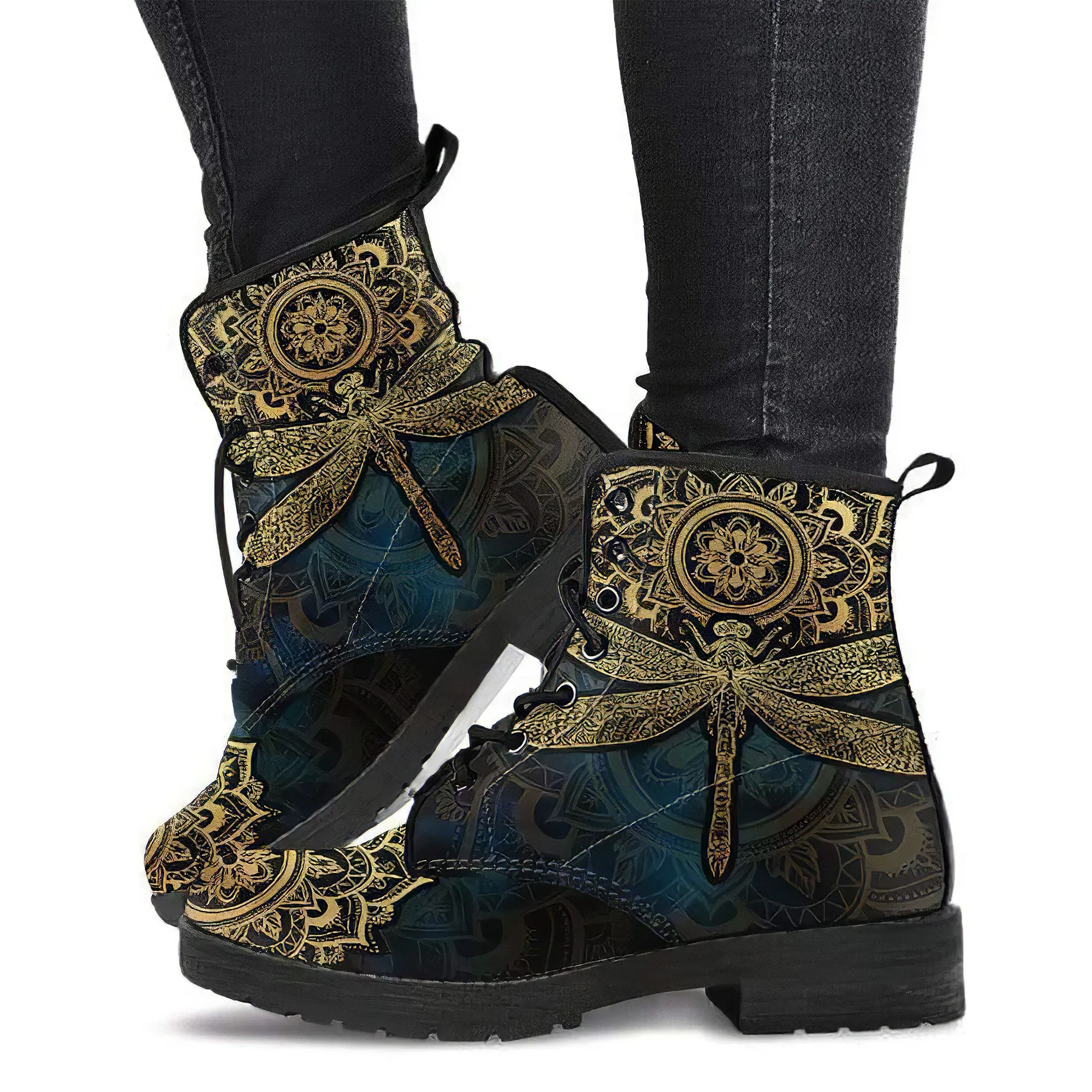 Combat Boots for Women - Mandala Dragonfly Gold Handcrafted Boots | Unique Custom Faux Leather Shoes, Cruelty-free Vegan Handmade Lace Up
