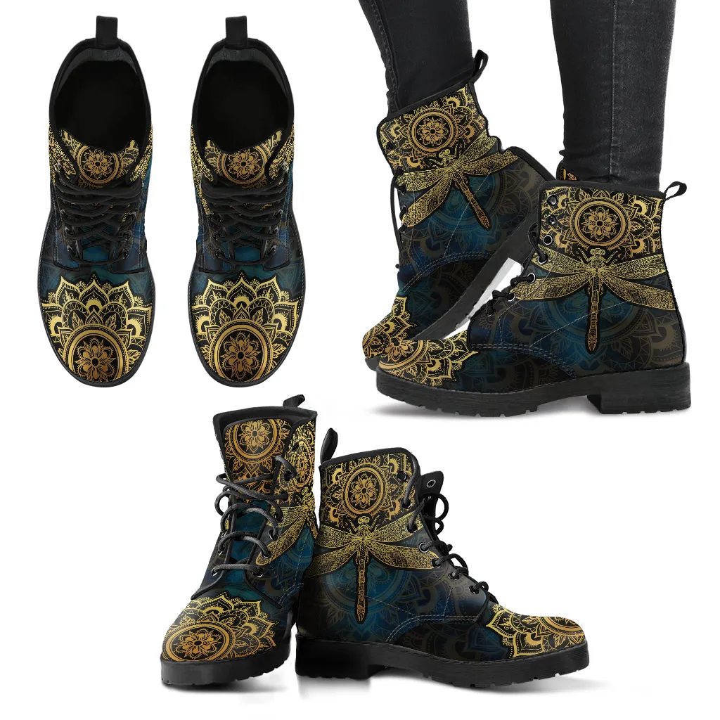 Combat Boots for Women - Mandala Dragonfly Gold Handcrafted Boots | Unique Custom Faux Leather Shoes, Cruelty-free Vegan Handmade Lace Up
