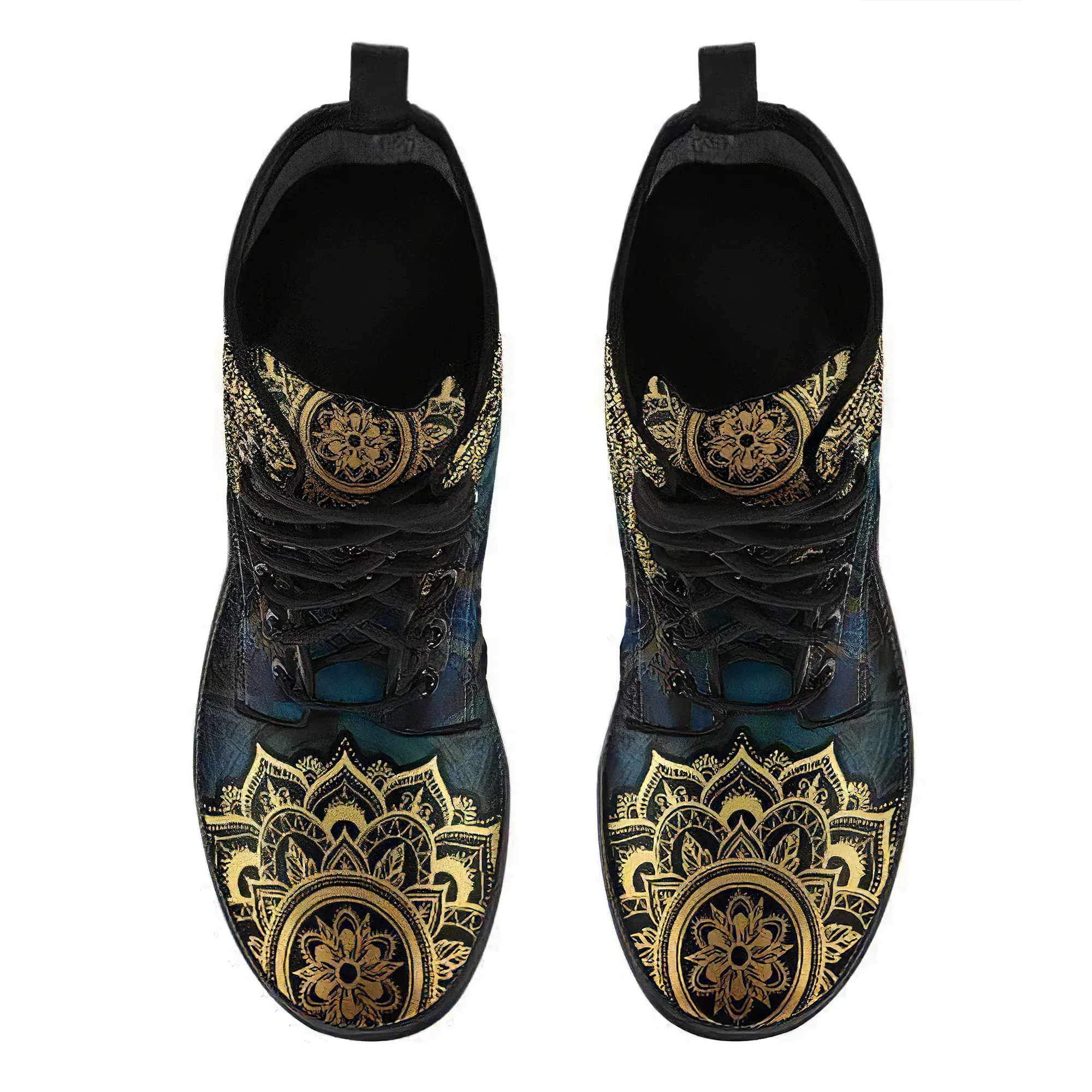 Combat Boots for Women - Mandala Dragonfly Gold Handcrafted Boots | Unique Custom Faux Leather Shoes, Cruelty-free Vegan Handmade Lace Up