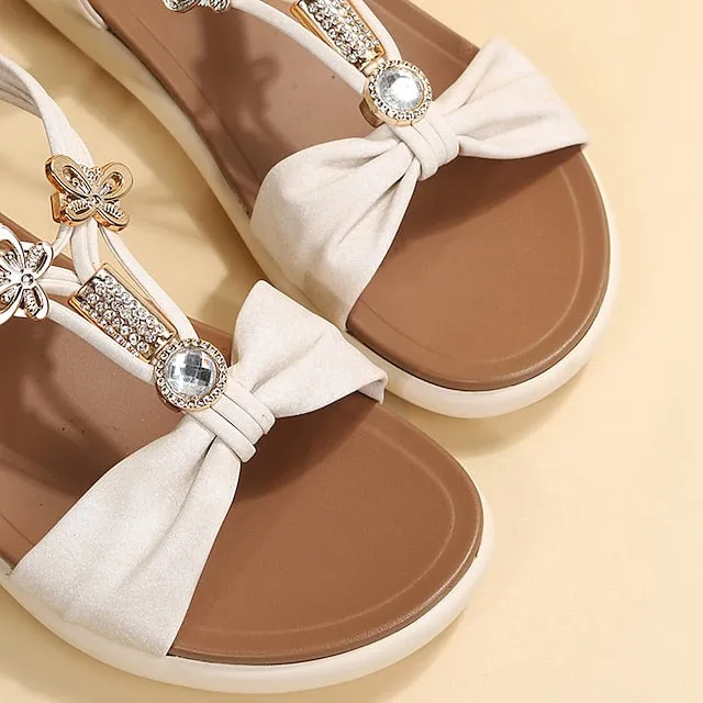 Purpdrank - Women's Sandals Boho Bohemia Beach Ankle Strap Sandals Sparkly Sandals Outdoor Office Daily Summer Rhinestone Flat Heel Open Toe Elegant Casual Sweet Walking Shoes Microfiber Elastic Band Solid