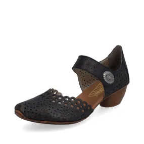 Rieker Bar Shoe BLUE 43753-14 Smart Heeled Leather Bar Shoe With Touch Fastening
