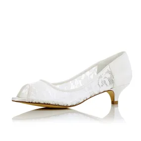 Women's Bridal Shoes 1.5" Peep Toe Low Heel Lace Satin Pumps Wedding Shoes